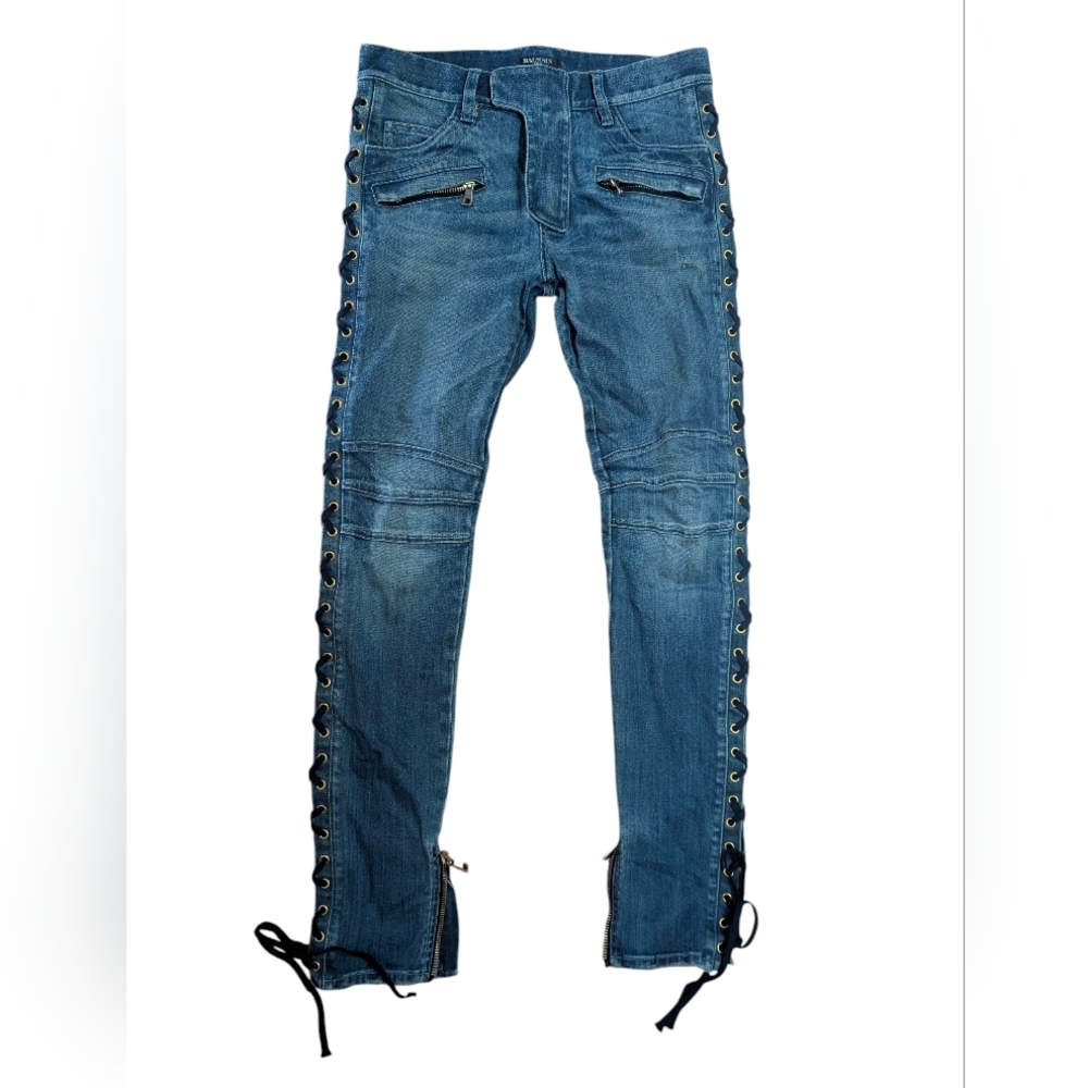 Balmain Denim Lace-Up Skinny Jeans